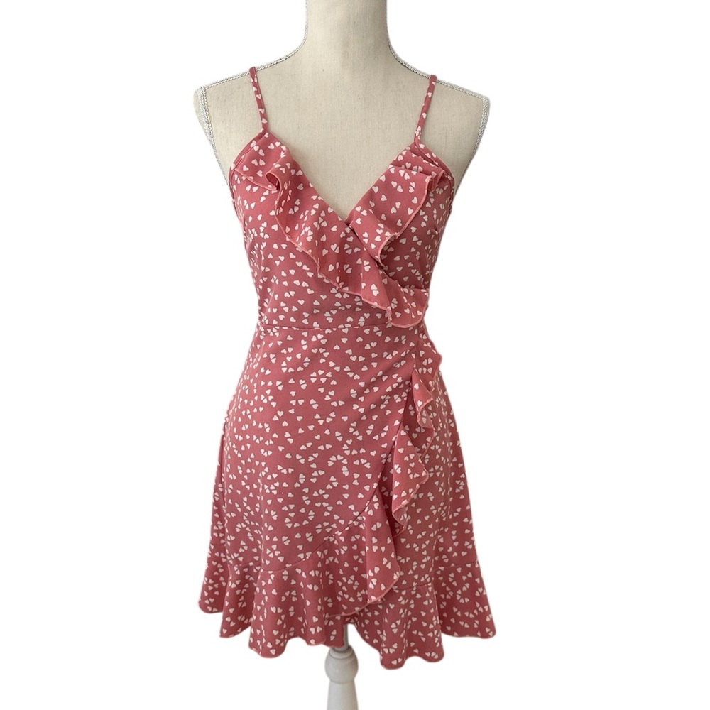 Soleia Wrap Dress Allover Heart Print Pink Ruffle Women’s Size X-Small (2)